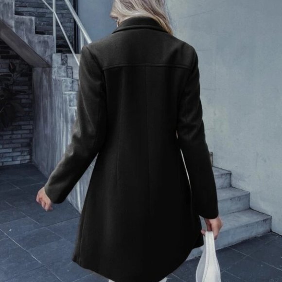 Double Breasted Lapel Collar Button Up pocketed Overcoat Black - Picture 4 of 9